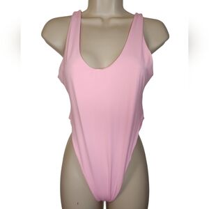 Four Three Seven Pink One Piece Swimsuit Scoop Neck Low Back High Cut Large